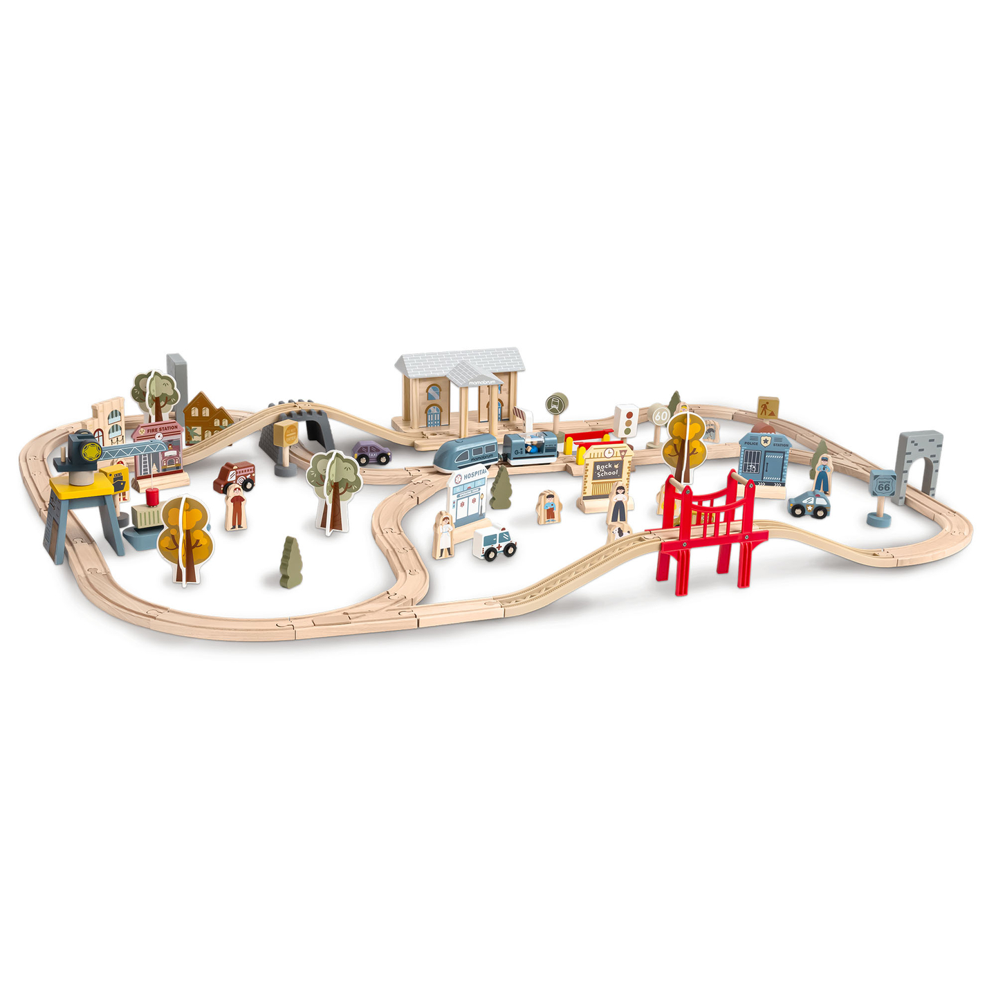 Hölzerne Stadteisenbahn mit elektrischer Lokomotive – beweglicher Kran, Schiff, Brücken