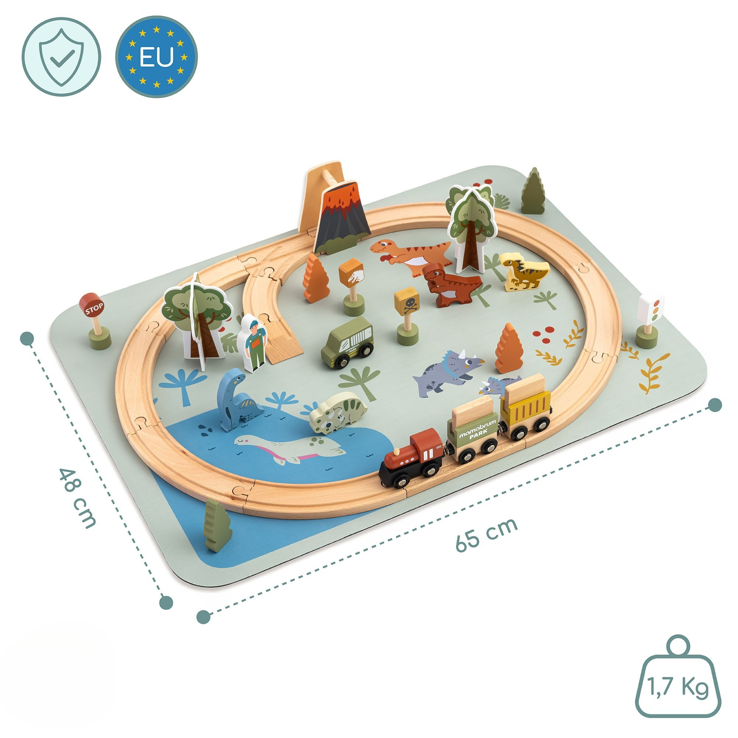 Dino Park Holzeisenbahn mit Antirutschmatte - Dinosaurier, Zug, Gleise, Vulkan, Glocke