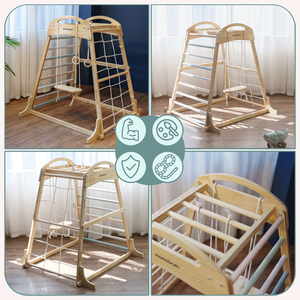 Indoor-Spielplatz aus Holz mit Schaukel, Turnringen und Kletternetz