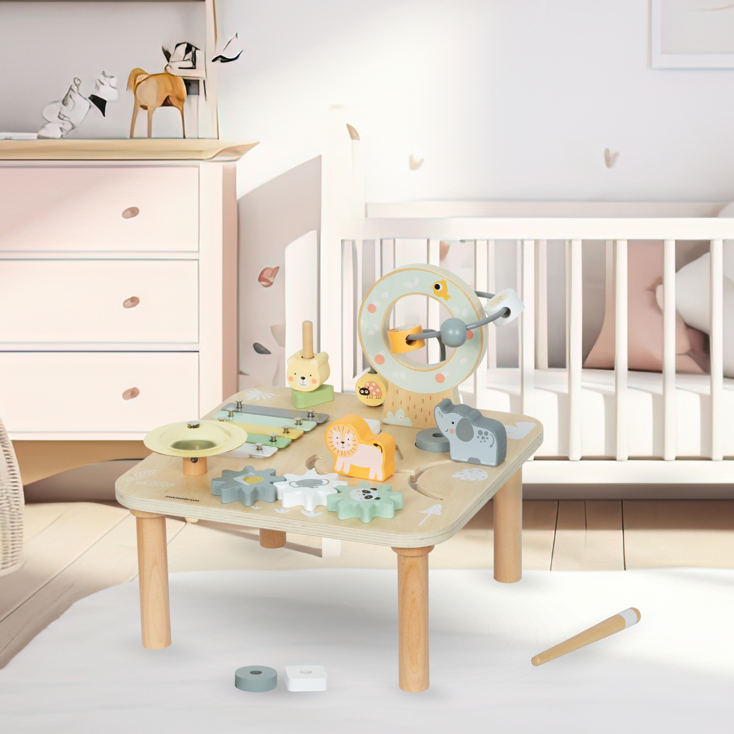 Pädagogischer 7-in-1-Musiktisch aus Holz mit Becken und Gong – wilder Dschungel