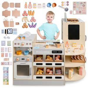 Großer XXXL-Holzladen für Kinder mit Schnellimbiss - Eckladen + Kaffeemaschine + Backofen + Kühlschrank - 106 ac.
