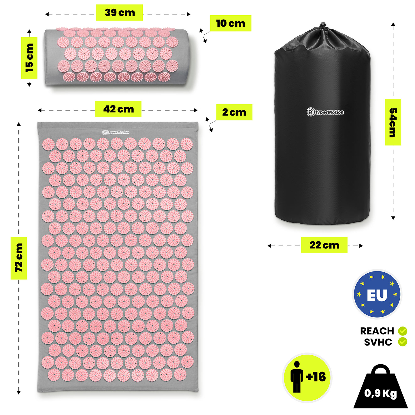 Akupressurmatte mit Kissen und Bezug – 72 cm, HyperMotion, grau und rosa