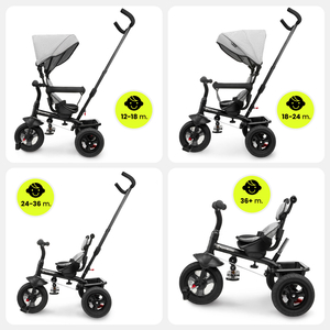 Dreirad für Kinder 1-4 Jahre - TOBI FREY - Farbe grau - drehbar - gepumpte Räder + Schieber