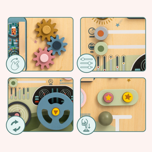 Montessori-Holzbrett 2 in 1 Cockpit für den kleinen Fahrer und Piloten – Lenkrad, Gangschaltung, Reisekarten, Radar