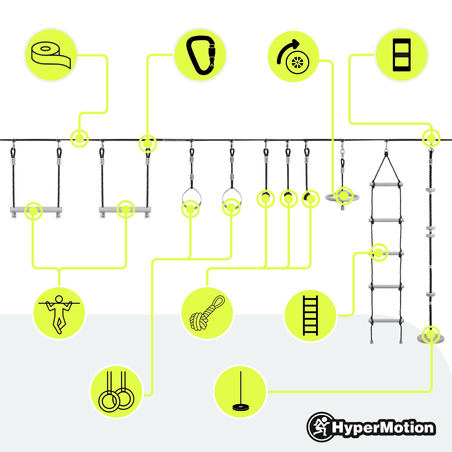 Ninja-Hindernislauf für Kinder - HyperMotion Slackline-Set - 10 Hindernisse