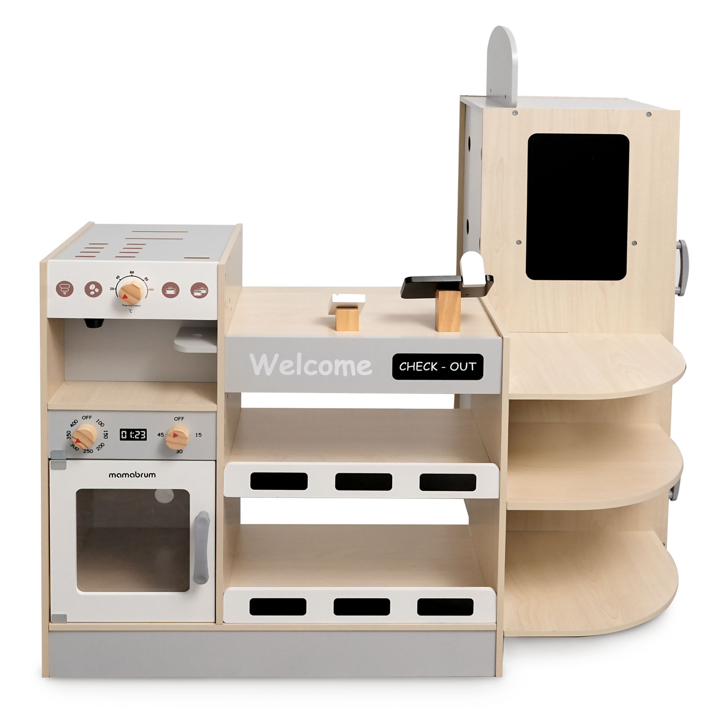 Großer XXXL-Holzladen für Kinder mit Schnellimbiss - Eckladen + Kaffeemaschine + Backofen + Kühlschrank - 106 ac.