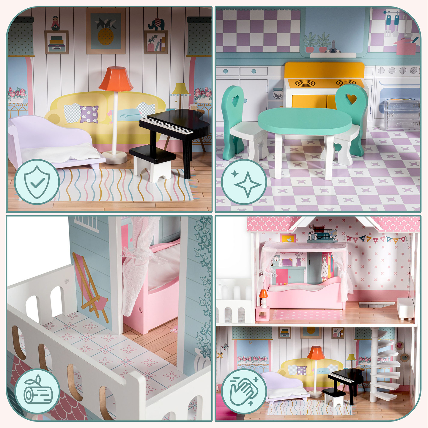 XXL Größtes Holzpuppenhaus - 123 cm - LED-Beleuchtung - Terrasse, Zubehör, Garten