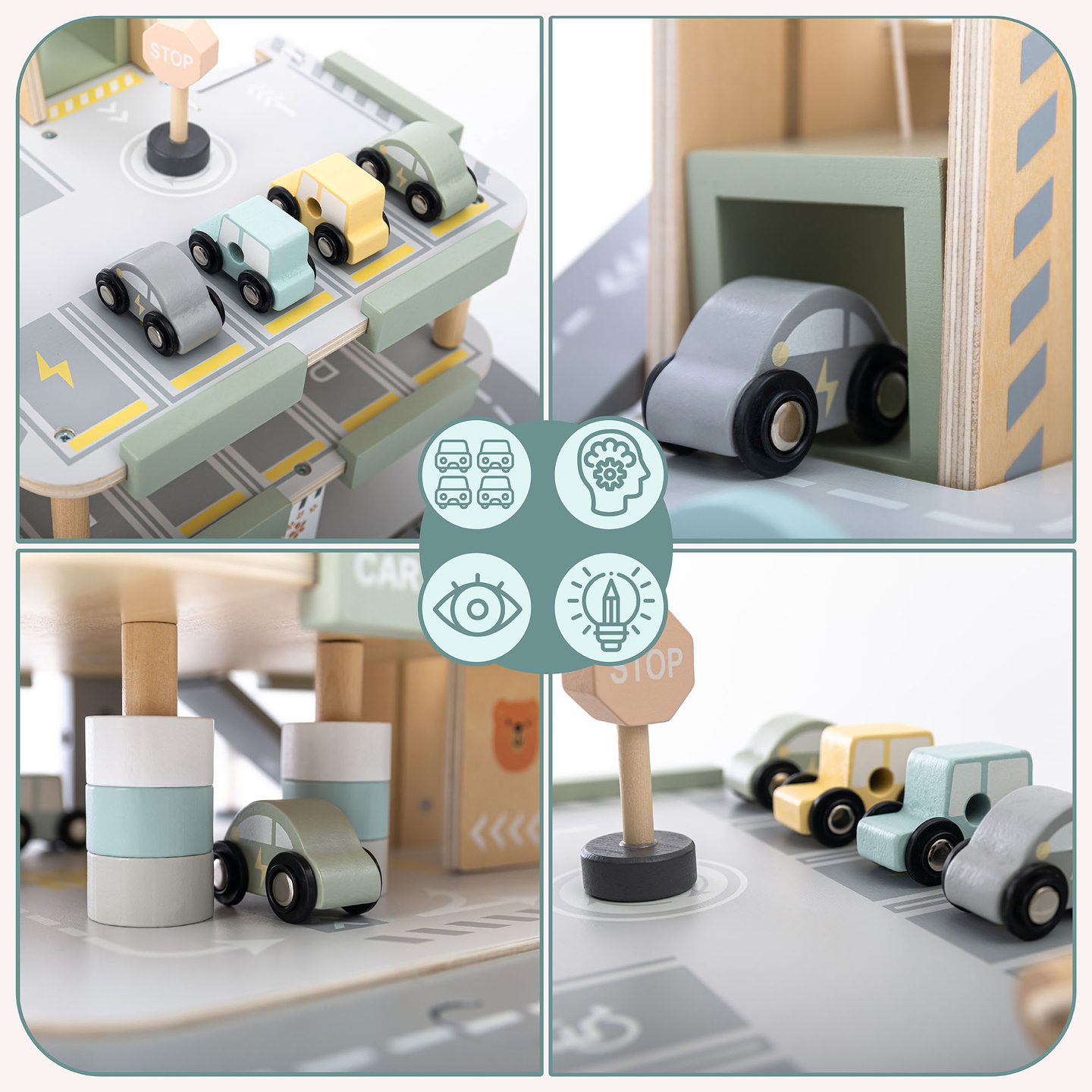 Dreistöckige Holzgarage für Kinder mit Zubehör – Parkplatz, Tankstelle, Autowaschanlage, Hubschrauber