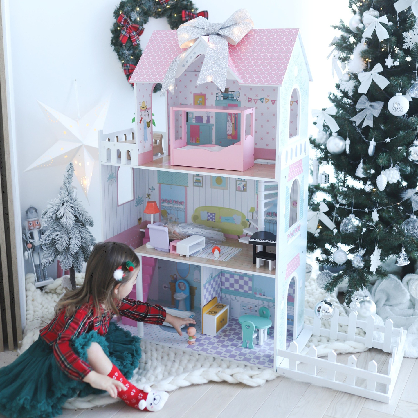 XXL Größtes Holzpuppenhaus - 123 cm - LED-Beleuchtung - Terrasse, Zubehör, Garten