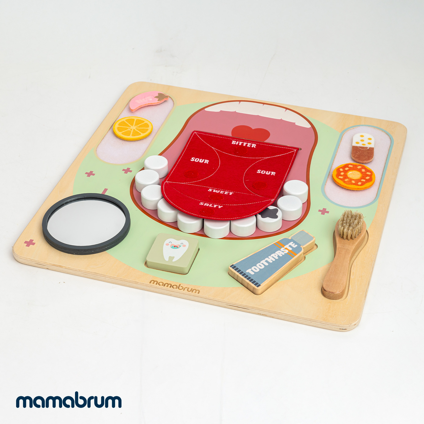 Montessori-Lerntafel aus Holz „Kleiner Zahnarzt“ – Zahnbürste, Zahnpasta, herausnehmbare Zähne, Spiegel, Essen, Lernaromen