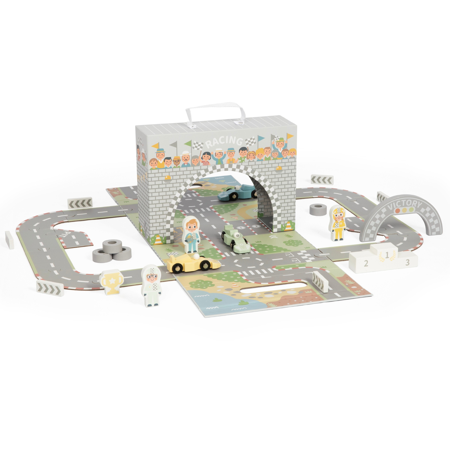 Magnetischer Koffer mit Rennstrecke, Holzfahrzeugen und Straßenzubehör