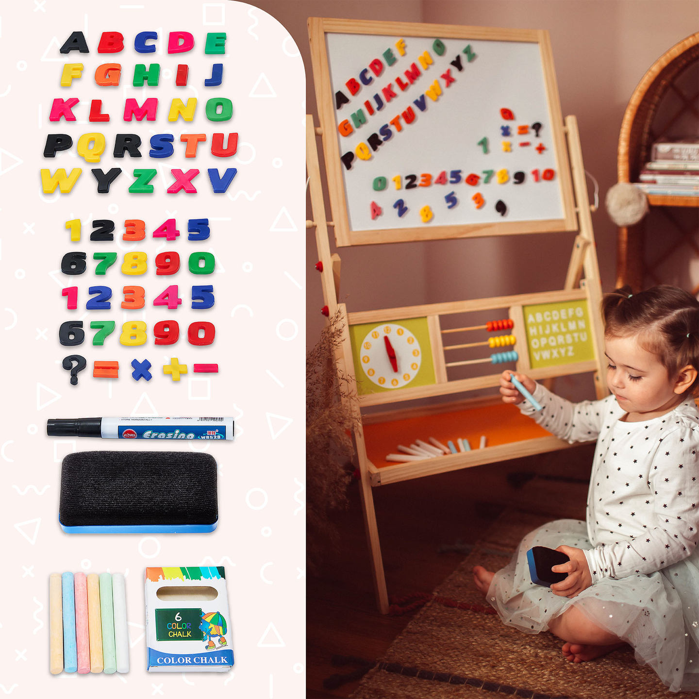 Große doppelseitige Lehrtafel: Magnet- und Kreidetafel - Trockenlöschtafel, Holz