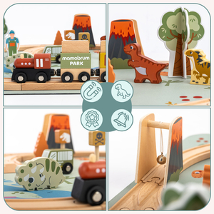 Dino Park Holzeisenbahn mit Antirutschmatte - Dinosaurier, Zug, Gleise, Vulkan, Glocke