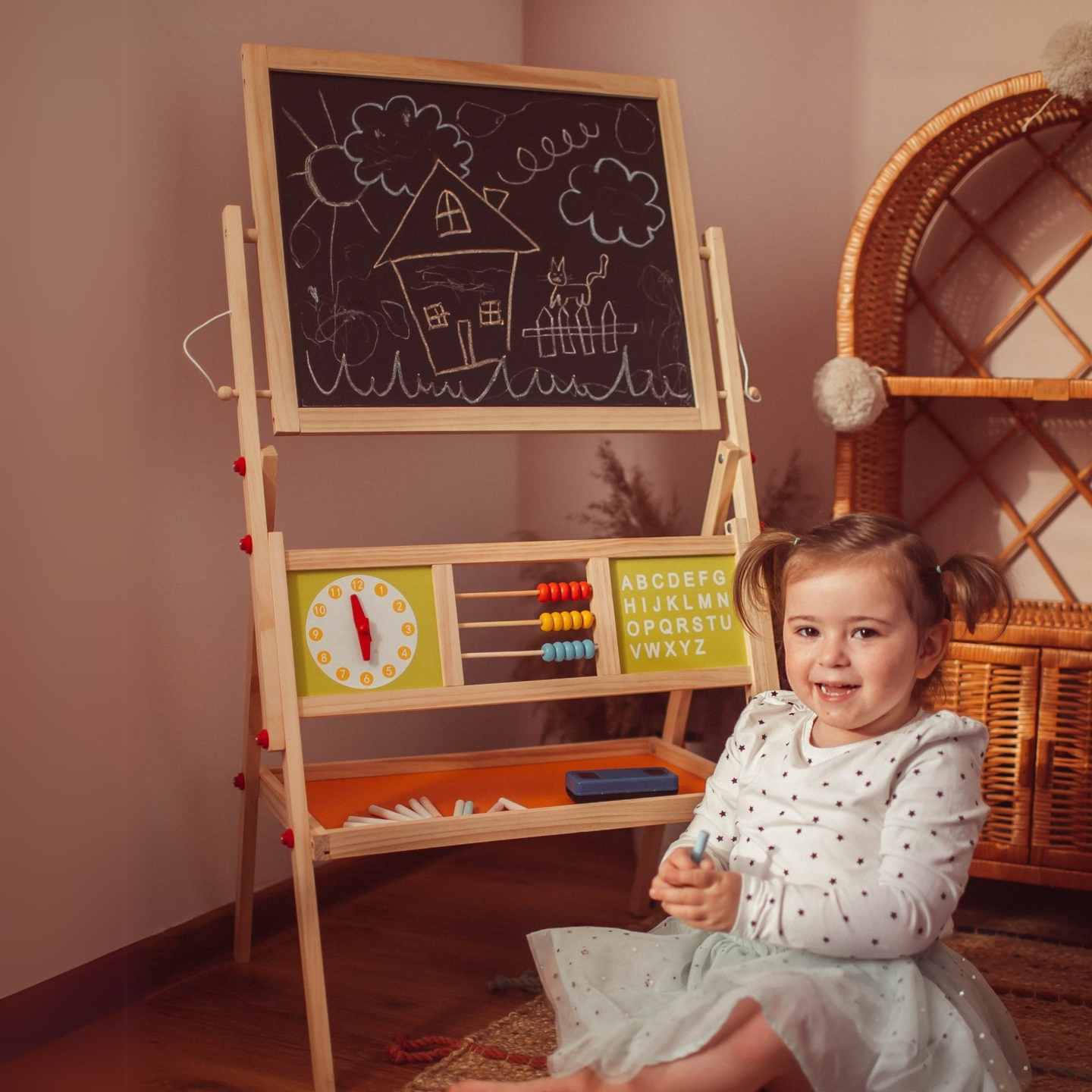 Große doppelseitige Lehrtafel: Magnet- und Kreidetafel - Trockenlöschtafel, Holz