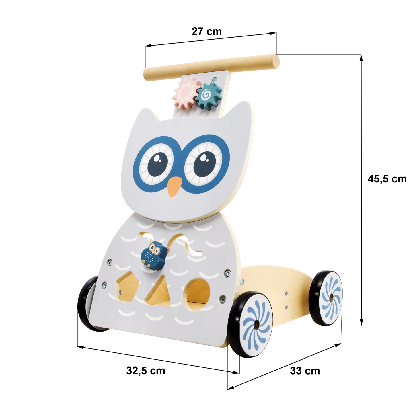 Multifunktionaler Lauflernwagen aus Holz - Schieber - Wagen mit Blöcken - Eule