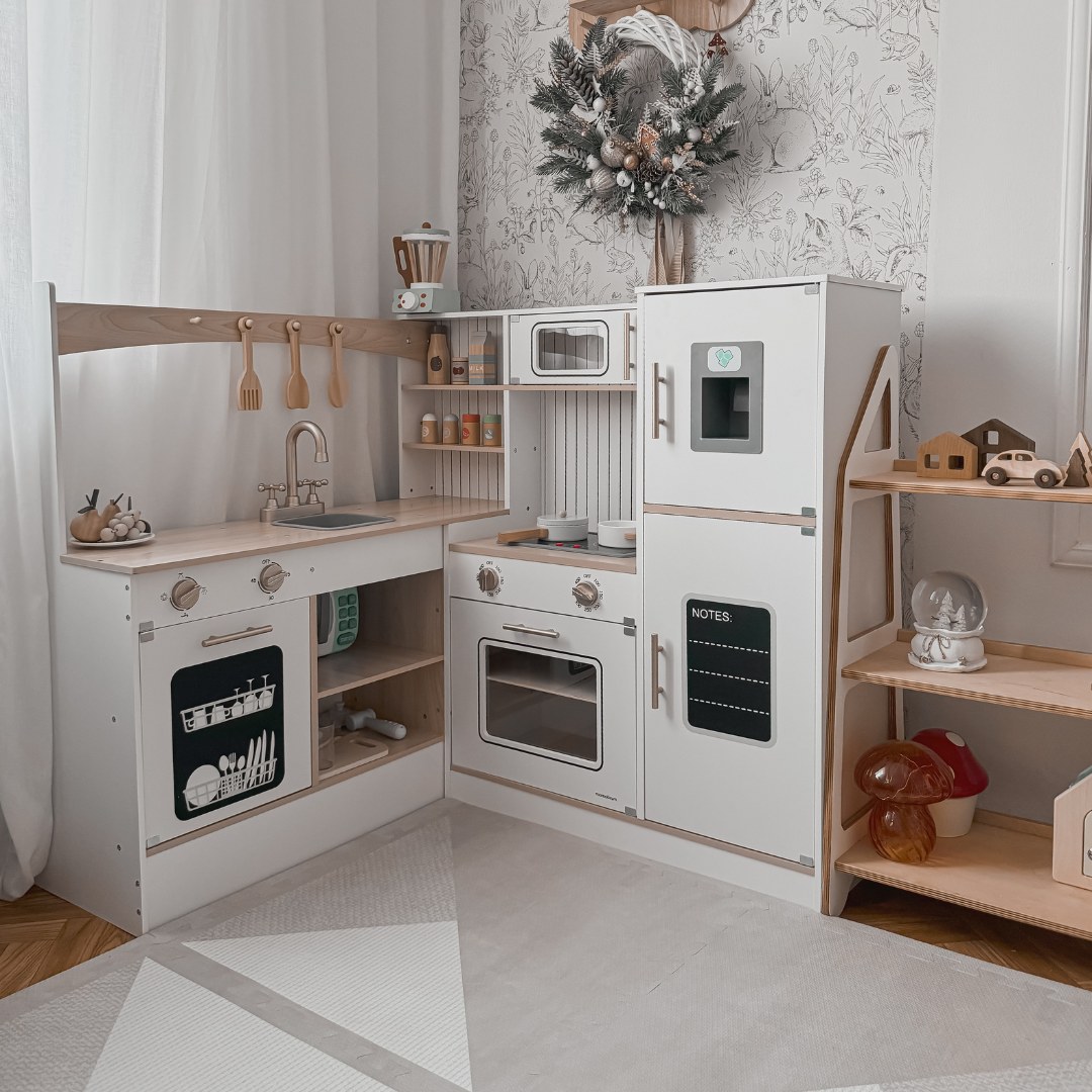 XXXL interaktive Eckküche aus Holz mit Kühlschrank, Mikrowelle, Backofen, Geschirrspüler und Zubehör - weiß