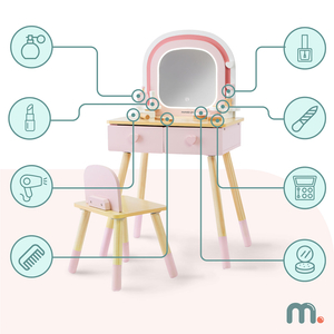 Kinderschminktisch aus Holz mit LED-Beleuchtung und stufenloser Helligkeitsregulierung, Stuhl und Zubehör