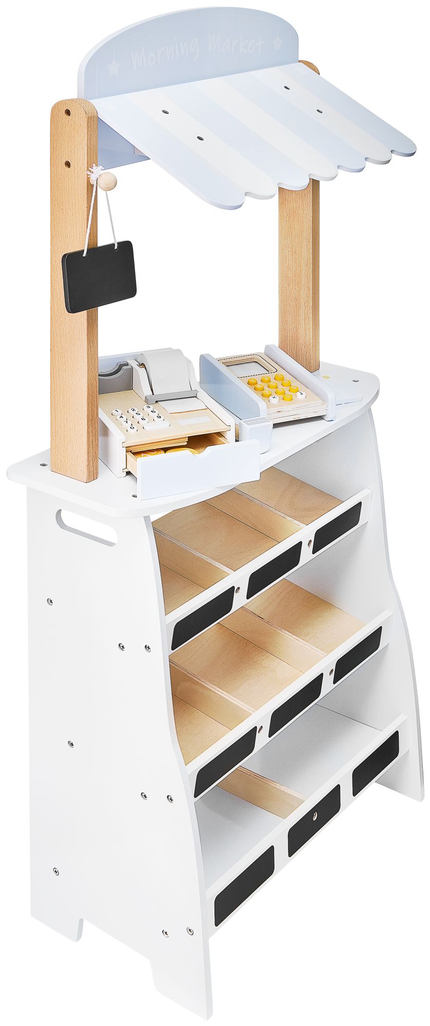 Gemüsestand - Holzstand mit Kisten, Kasse und Terminal