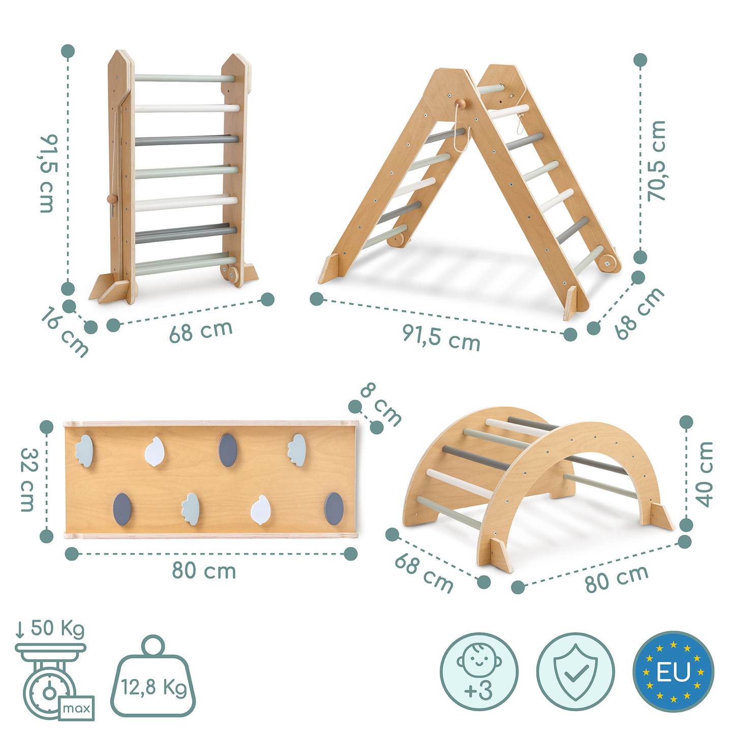 Indoor-Spielplatz aus Holz für Kinder – Kletterwand, Rutsche, Kletterbogen/-wippe und Pikler-Dreieck