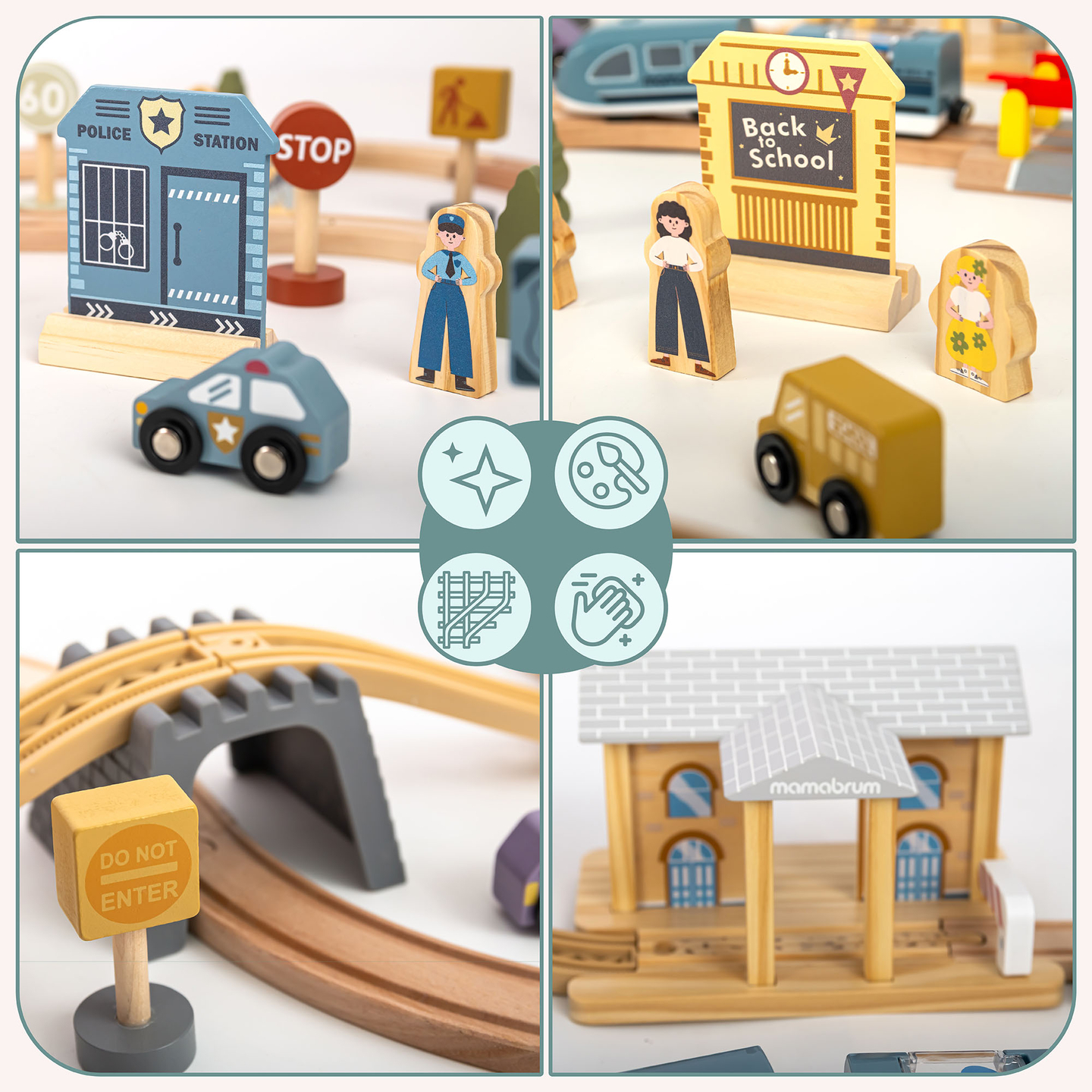 Hölzerne Stadteisenbahn mit elektrischer Lokomotive – beweglicher Kran, Schiff, Brücken