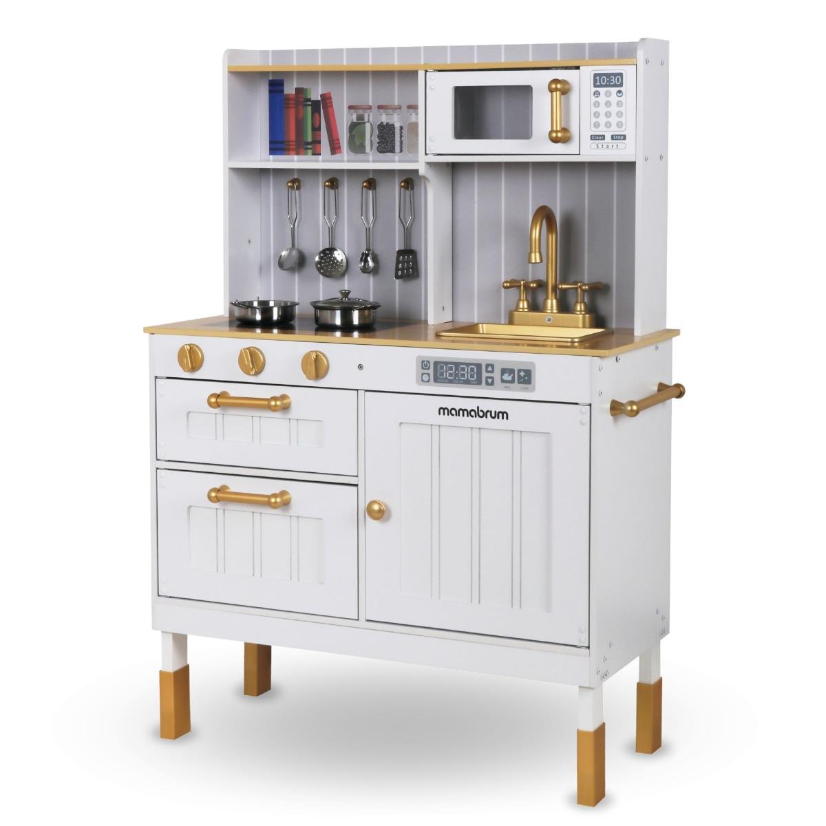 Weiße Holzküche mit Zubehör und Schürze