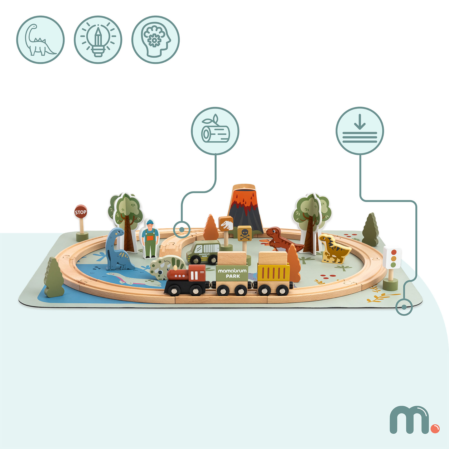 Dino Park Holzeisenbahn mit Antirutschmatte - Dinosaurier, Zug, Gleise, Vulkan, Glocke