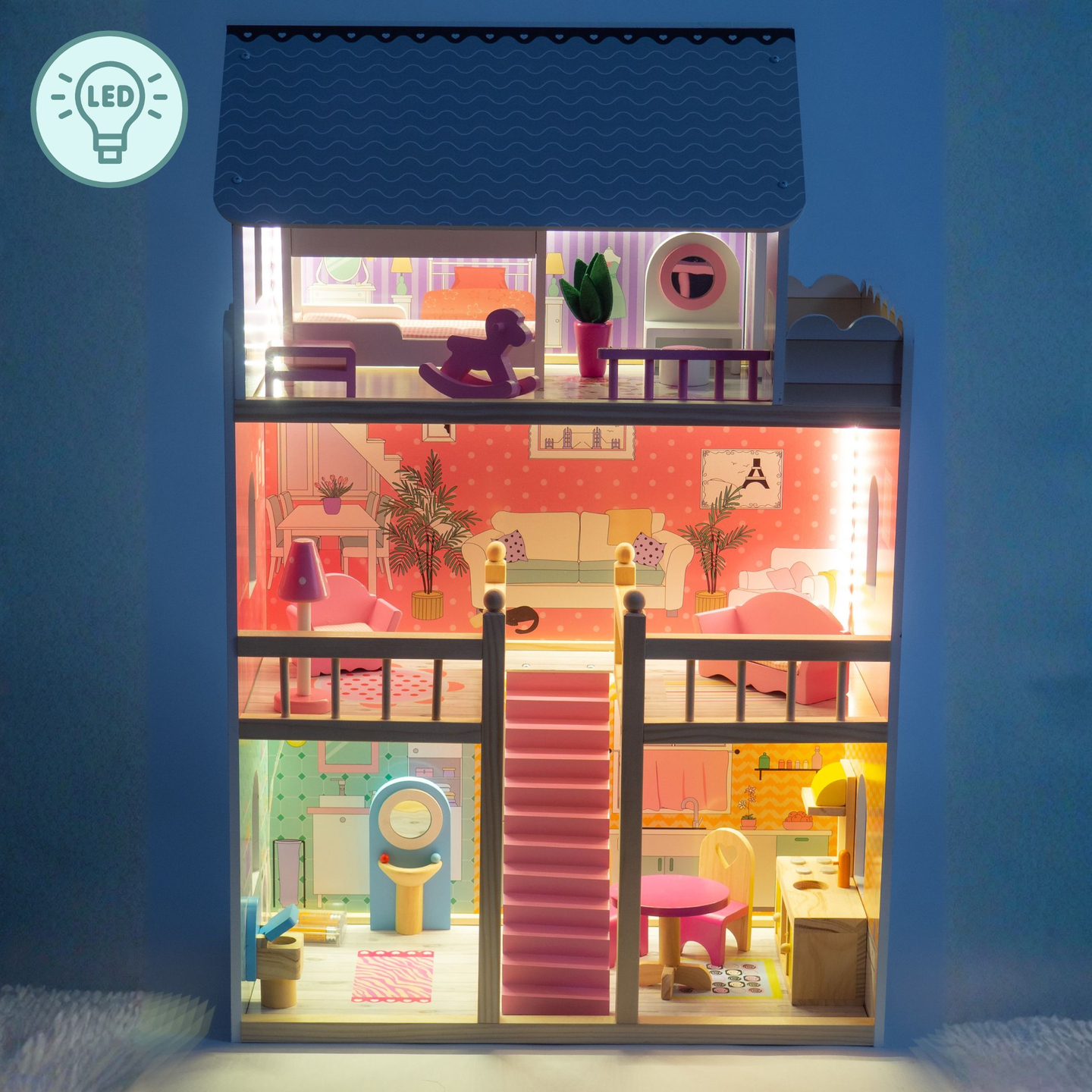 Großes 3-stöckiges Holzpuppenhaus mit Terrasse, Möbelset und LED-Beleuchtung!
