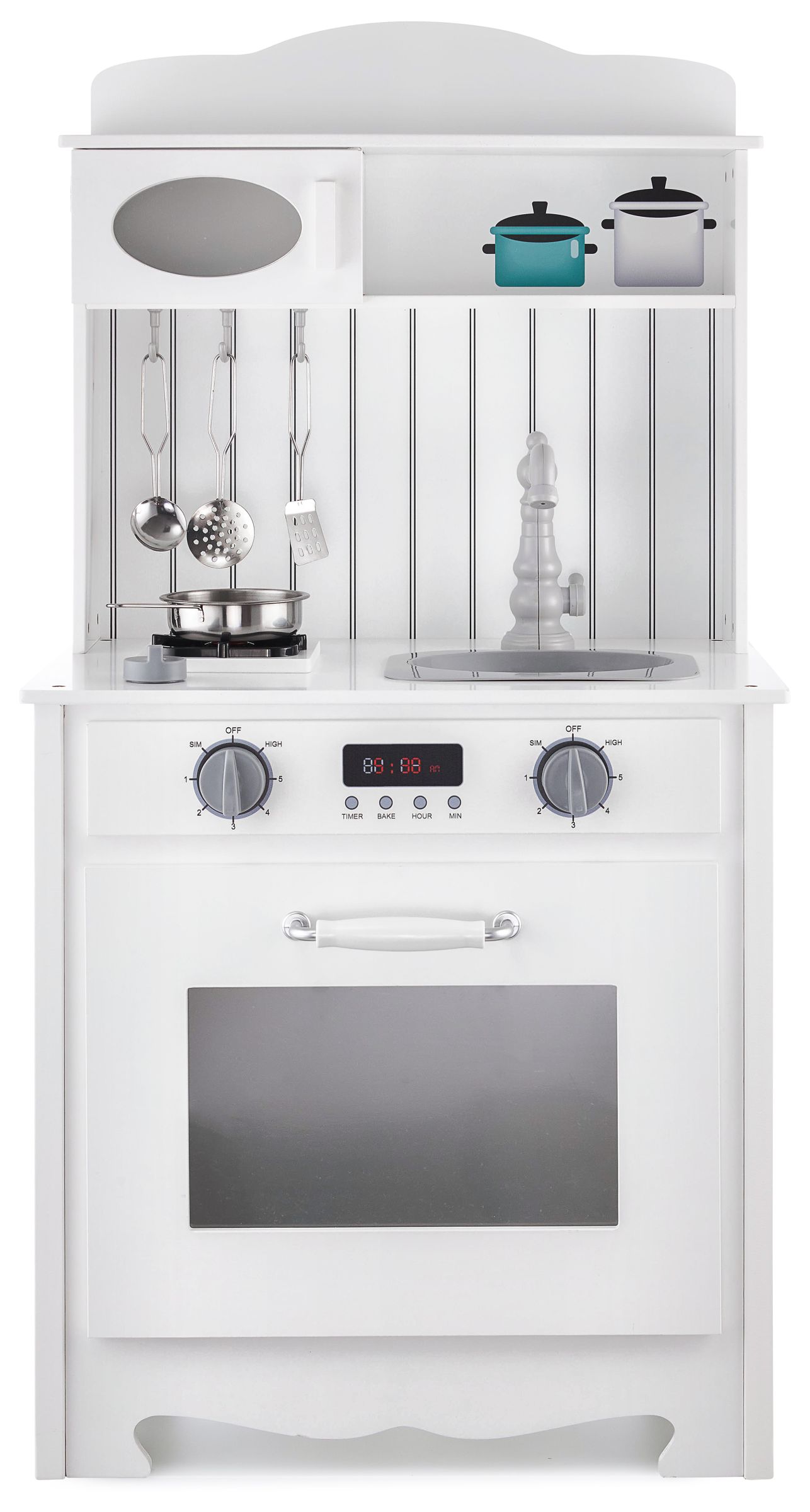 Weiße Holzküche mit Schürze, Zubehör und LED-Lampe