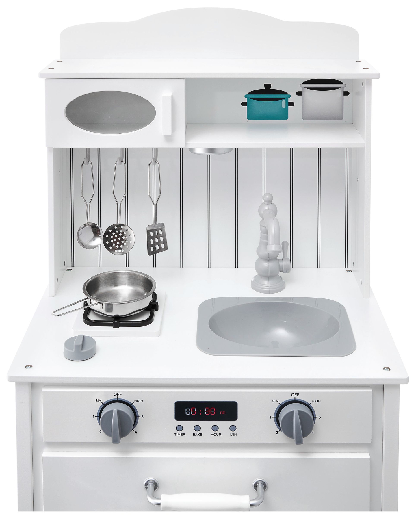 Weiße Holzküche mit Schürze, Zubehör und LED-Lampe