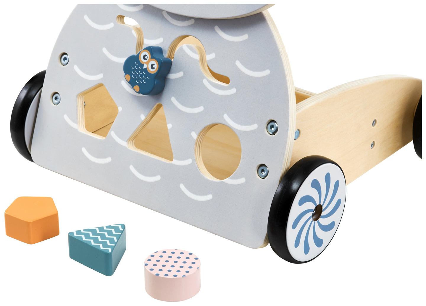 Multifunktionaler Lauflernwagen aus Holz - Schieber - Wagen mit Blöcken - Eule