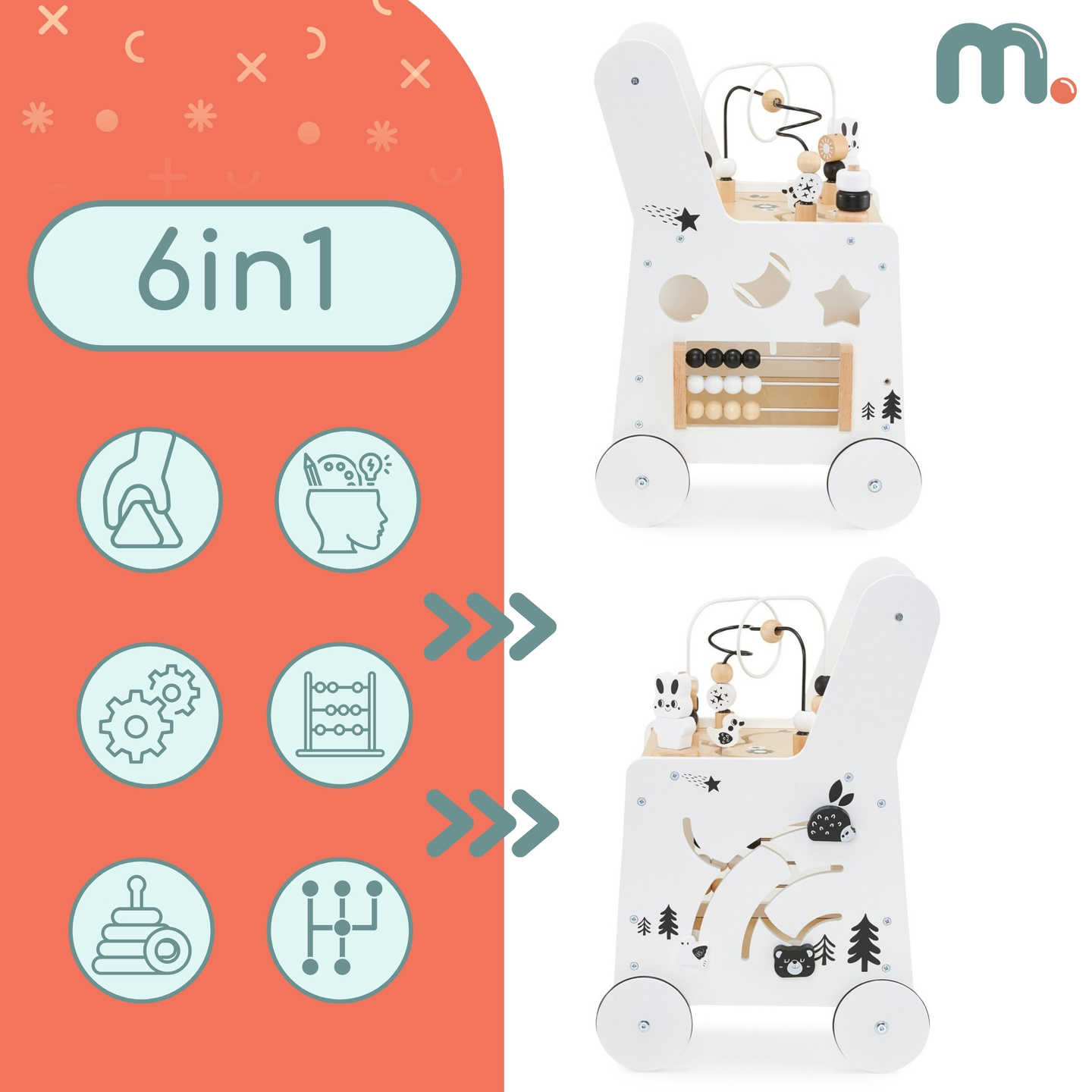 6in1 Holzkinderwagen, Lauflernwagen mit Lerntischfunktion