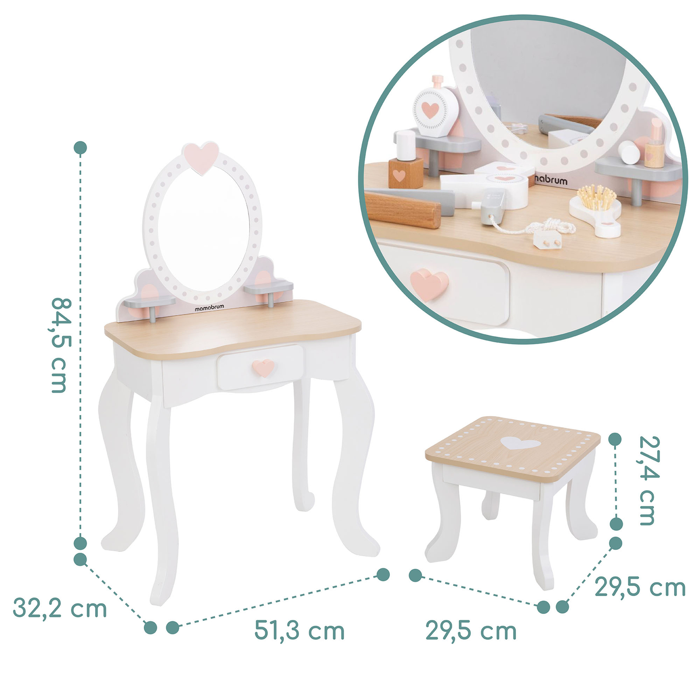 Frisiertisch aus Holz mit Hocker und Zubehör