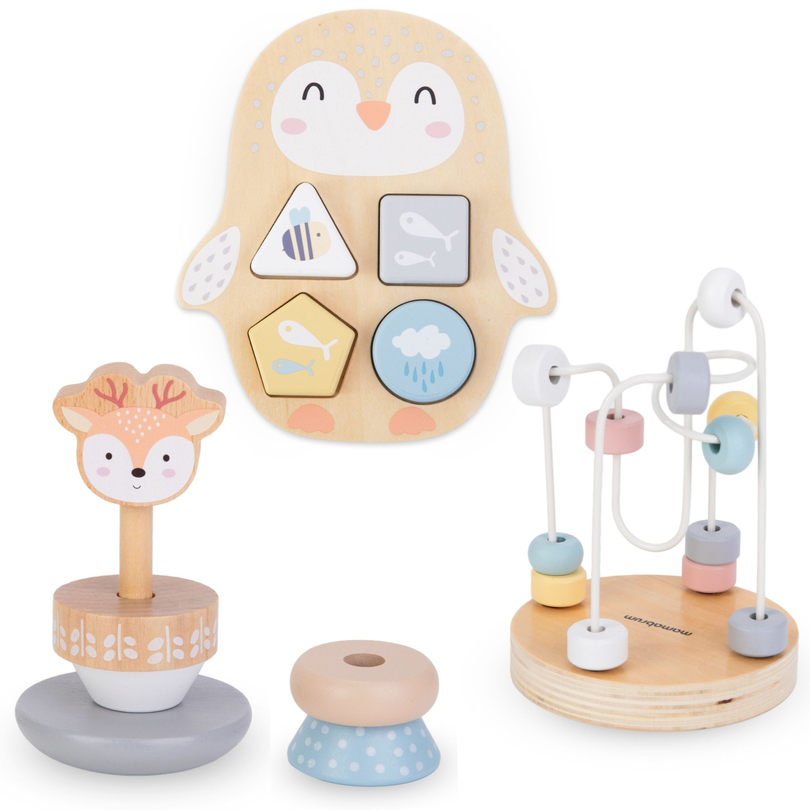 Set mit Holzspielzeug - buntes Geflecht, Pyramide Deer, Sortierer Penguin