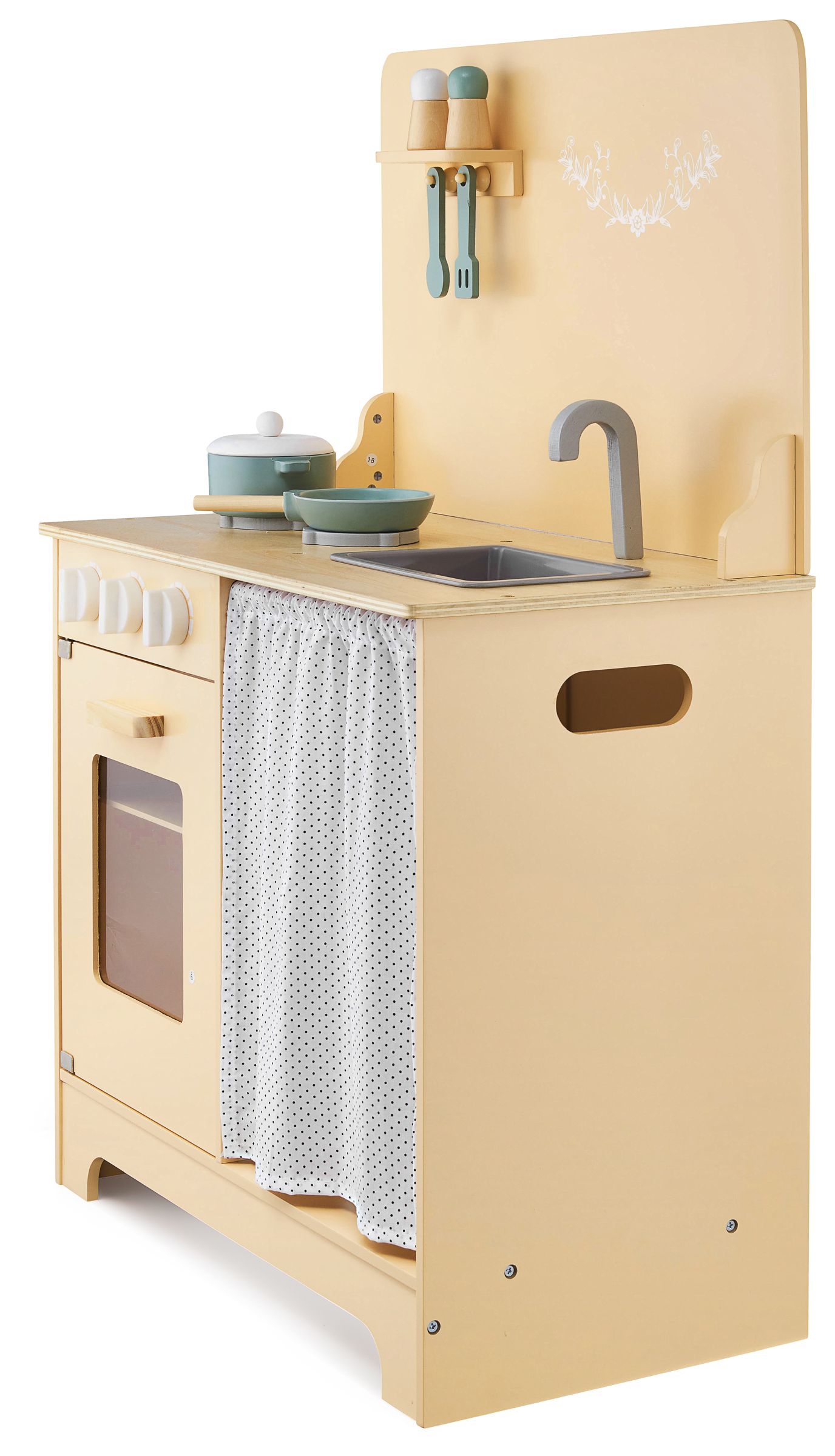 Holzküche mit Schürze, Zubehör und LED-Beleuchtung