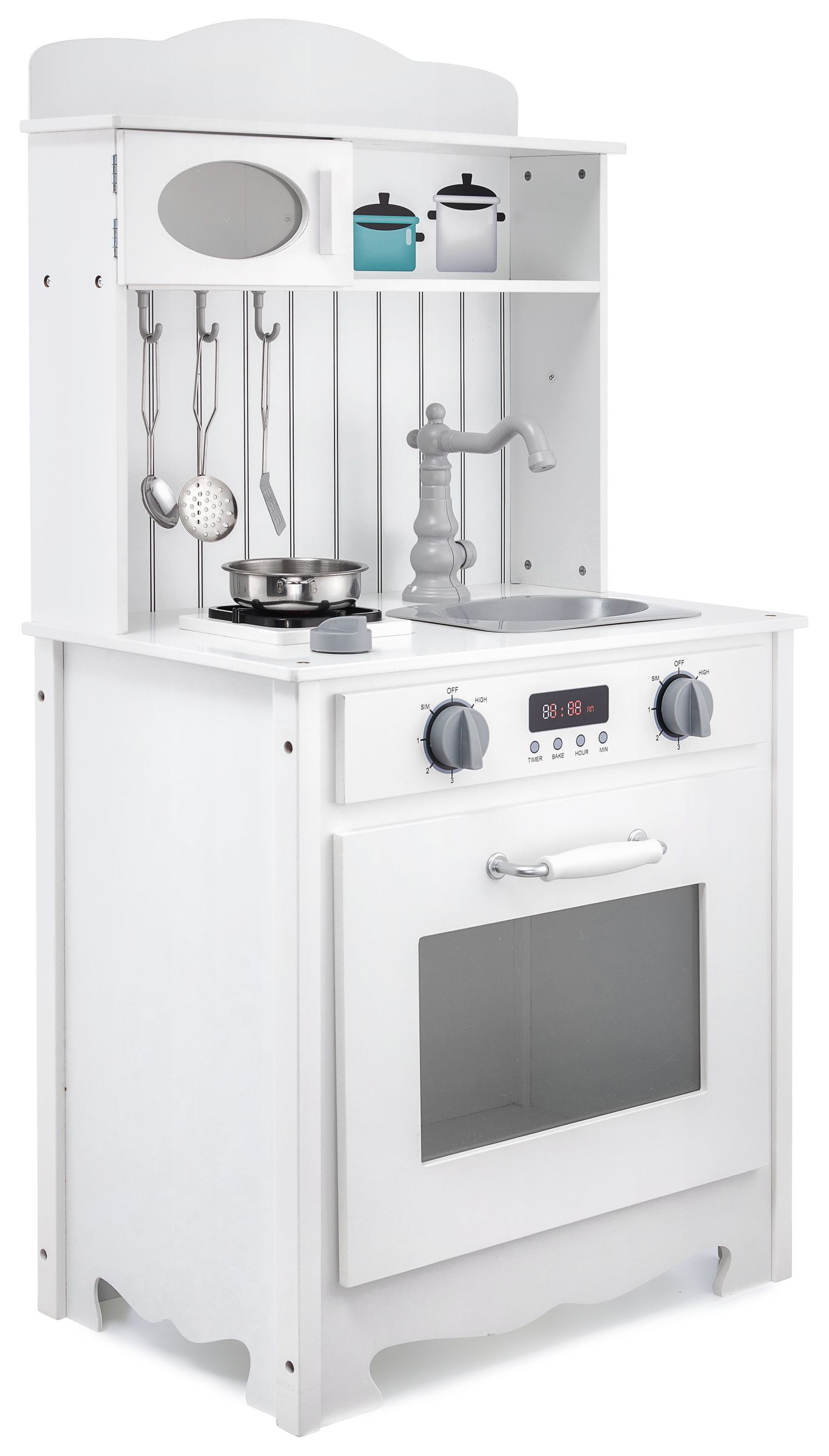 Weiße Holzküche mit Schürze, Zubehör und LED-Lampe