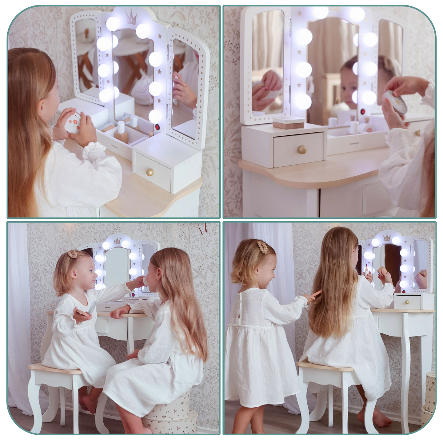 XXL-Holzfrisiertisch mit Hocker und LED-Beleuchtung für Kinder + Zubehör