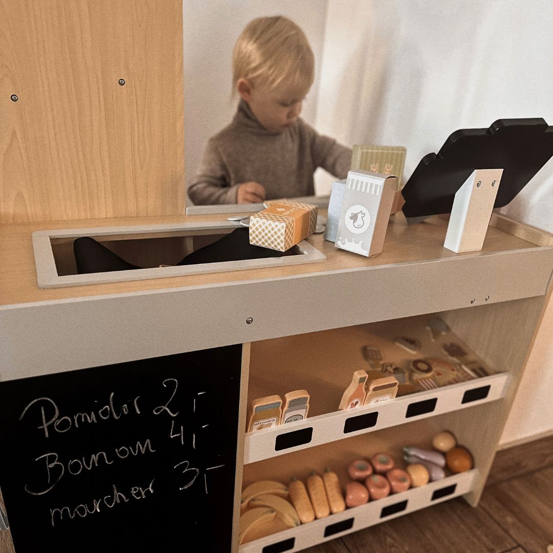 Hölzerner Gemüsemarkt - großer XXL-Stand, Laden mit Spielkasse