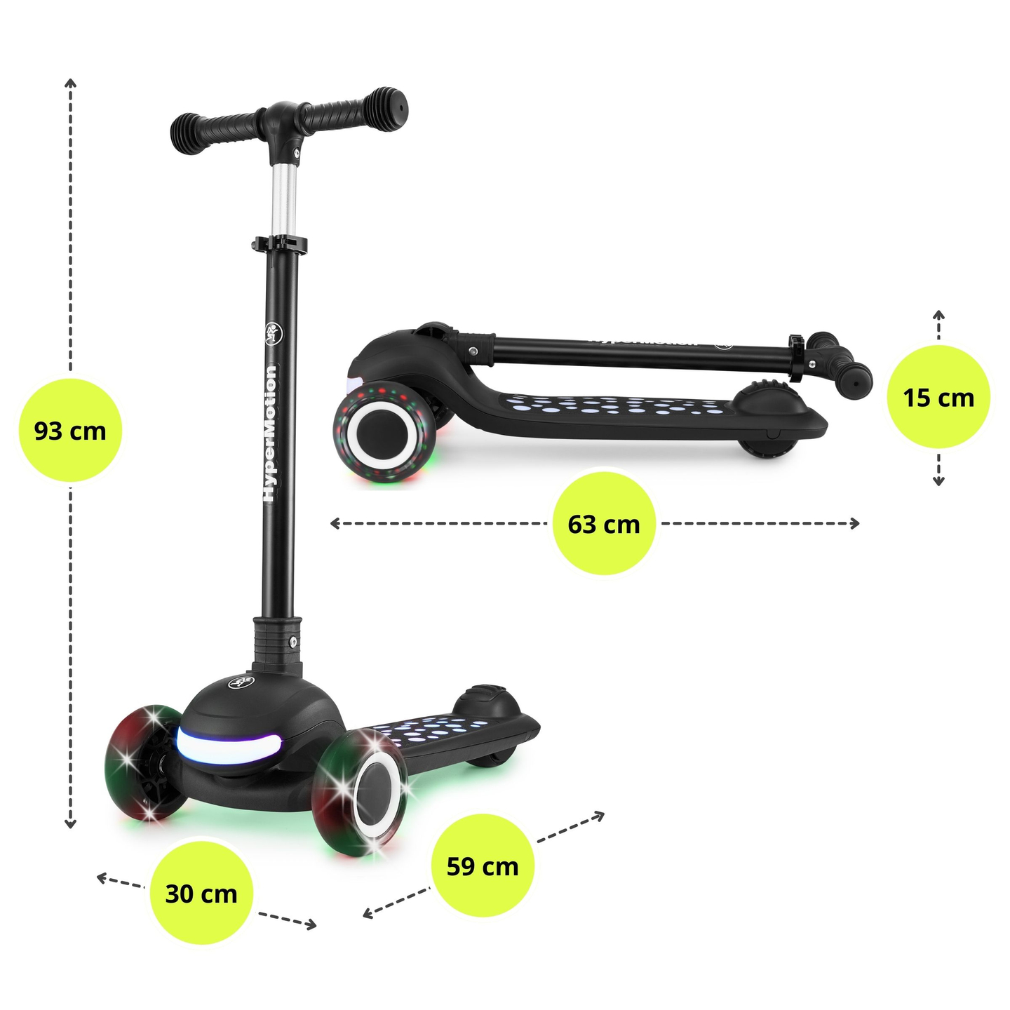 HyperMotion LUMI 3-in-1 Balance Scooter - beleuchtete Plattform und LED-Räder, Farbe schwarz