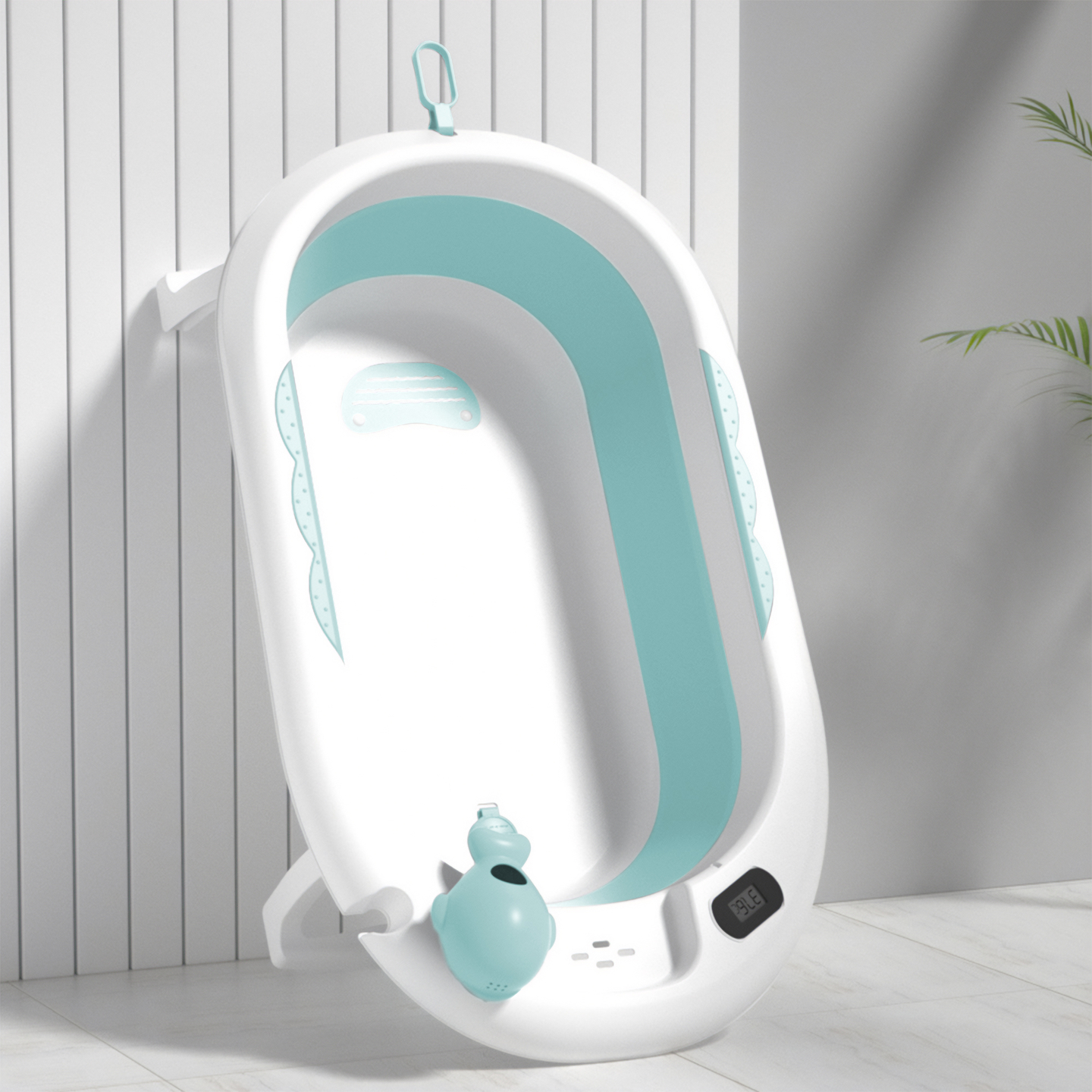 Zusammenklappbare Babybadewanne mit Thermometer, Einsatz und Ständer - mintfarben