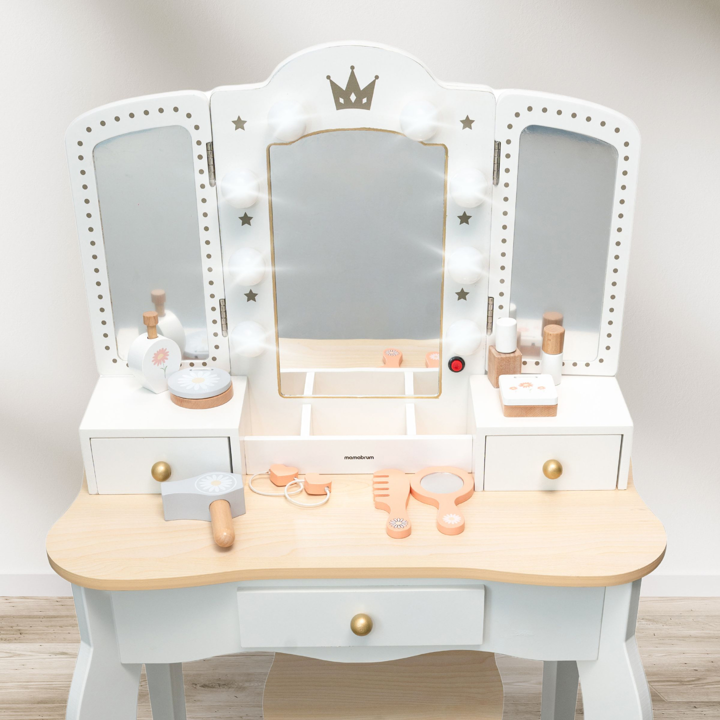 XXL-Holzfrisiertisch mit Hocker und LED-Beleuchtung für Kinder + Zubehör