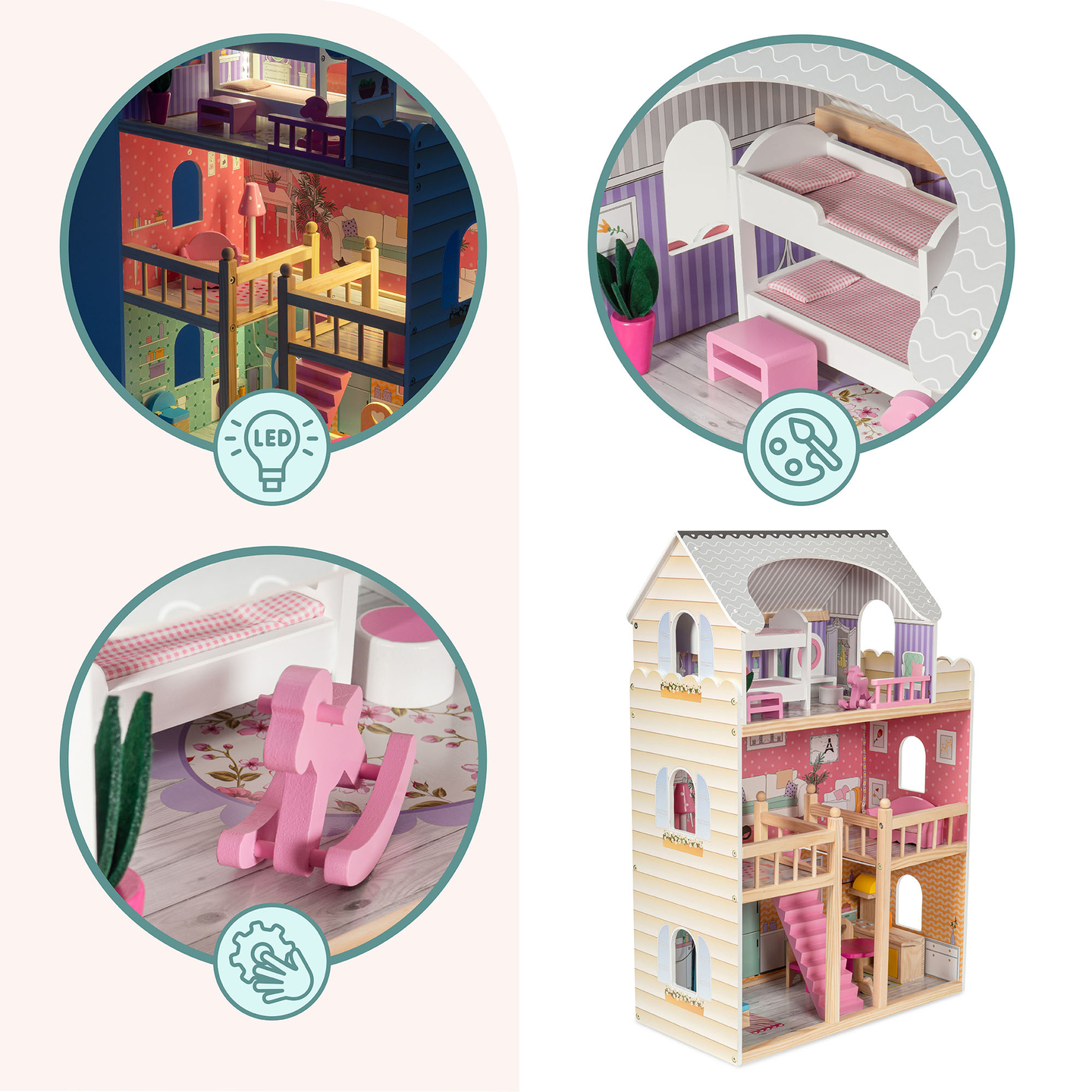 Großes 3-stöckiges Holzpuppenhaus mit Terrasse, Möbelset und LED-Beleuchtung!