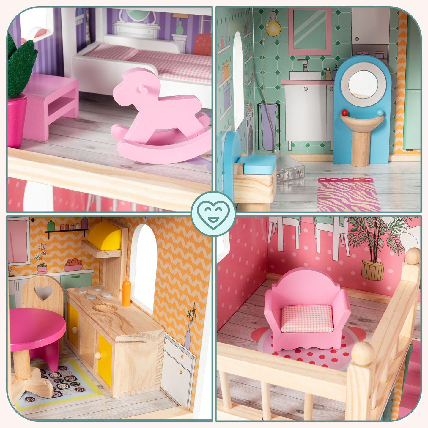 Großes 3-stöckiges Holzpuppenhaus mit Terrasse, Möbelset und LED-Beleuchtung!