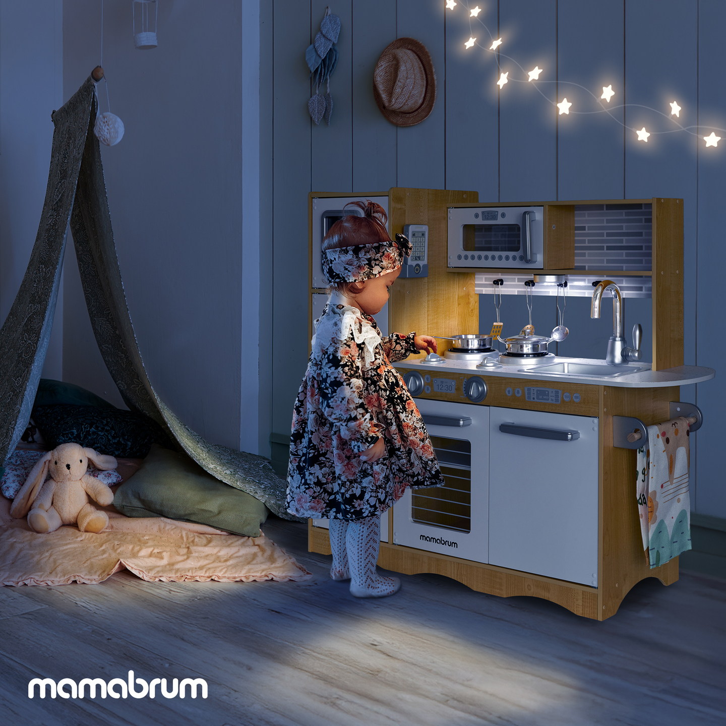 XXL-Holzküche mit LED-Beleuchtung, Schürze und Zubehör