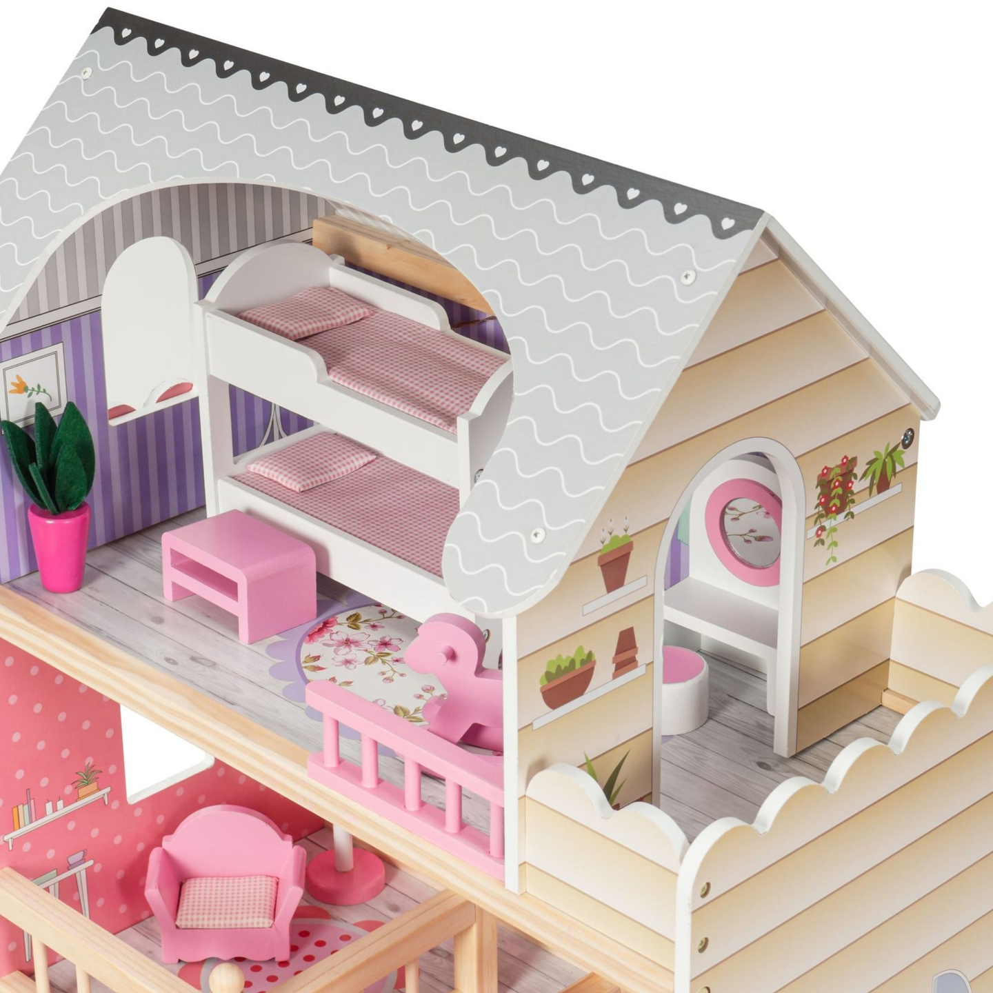 Großes 3-stöckiges Holzpuppenhaus mit Terrasse, Möbelset und LED-Beleuchtung!