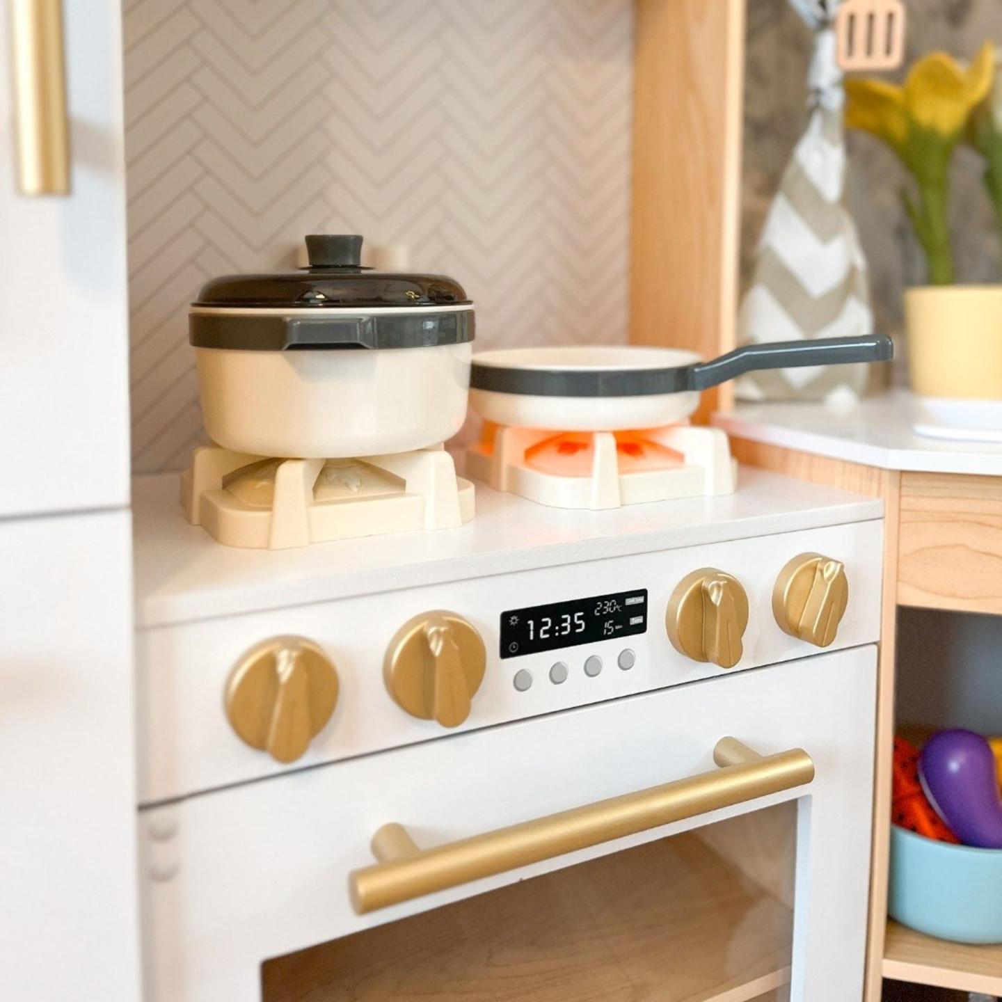 XXXXL große interaktive Holzküche mit LED-Beleuchtung, Waschmaschine, Mikrowelle, Kaffeemaschine und Obst- und Gemüseset - 50 Elemente