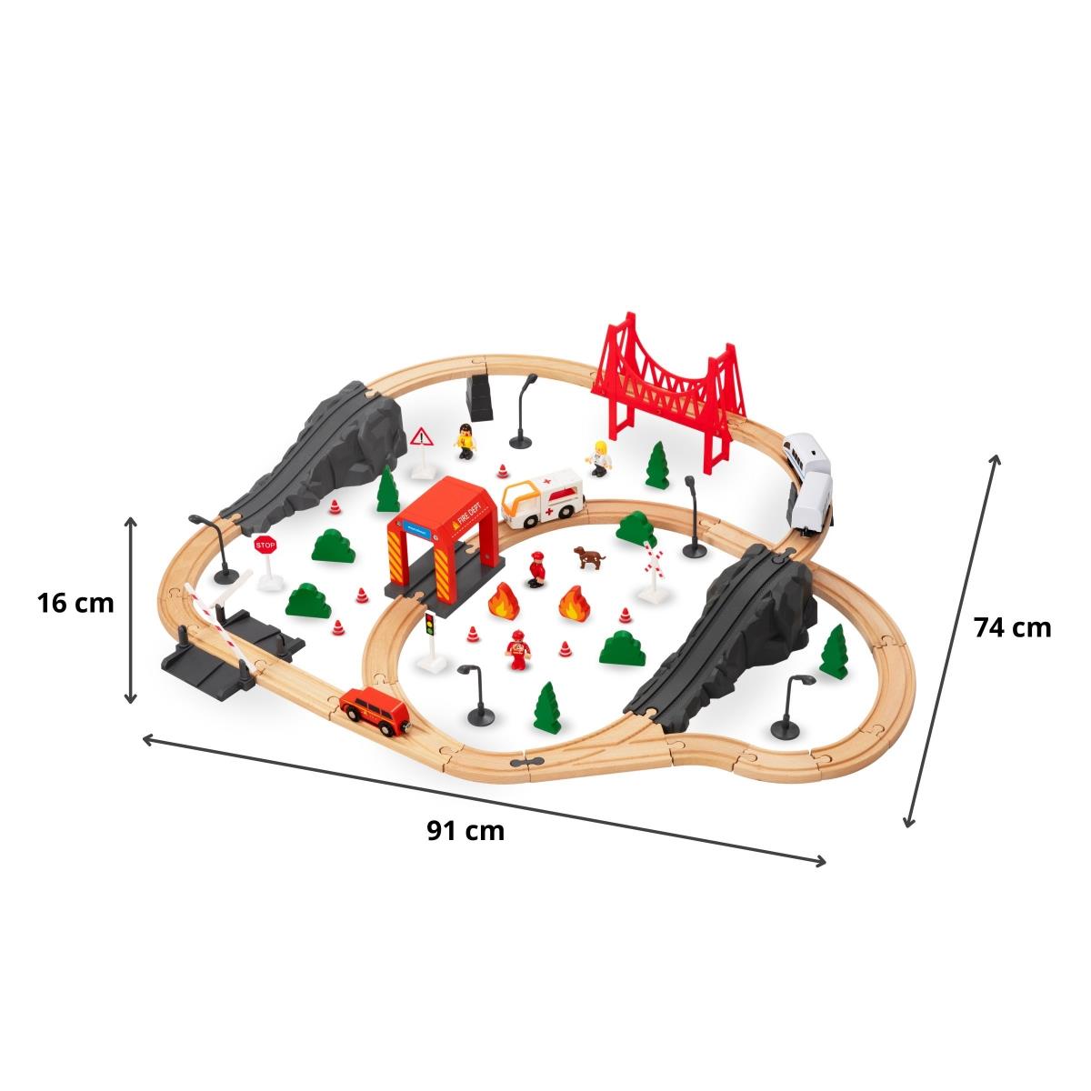 Holzeisenbahn, batteriebetriebener Zug – Feuerwehr, Gleise, Autos, Brücken, Schranke