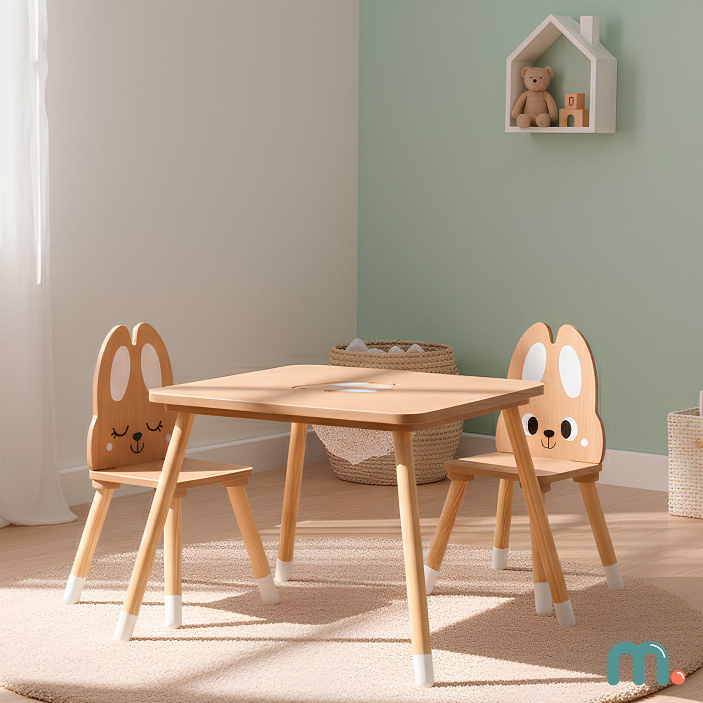 Holztisch mit Stauraum und 2 Stühlen Kinderset - Süßes Kaninchen