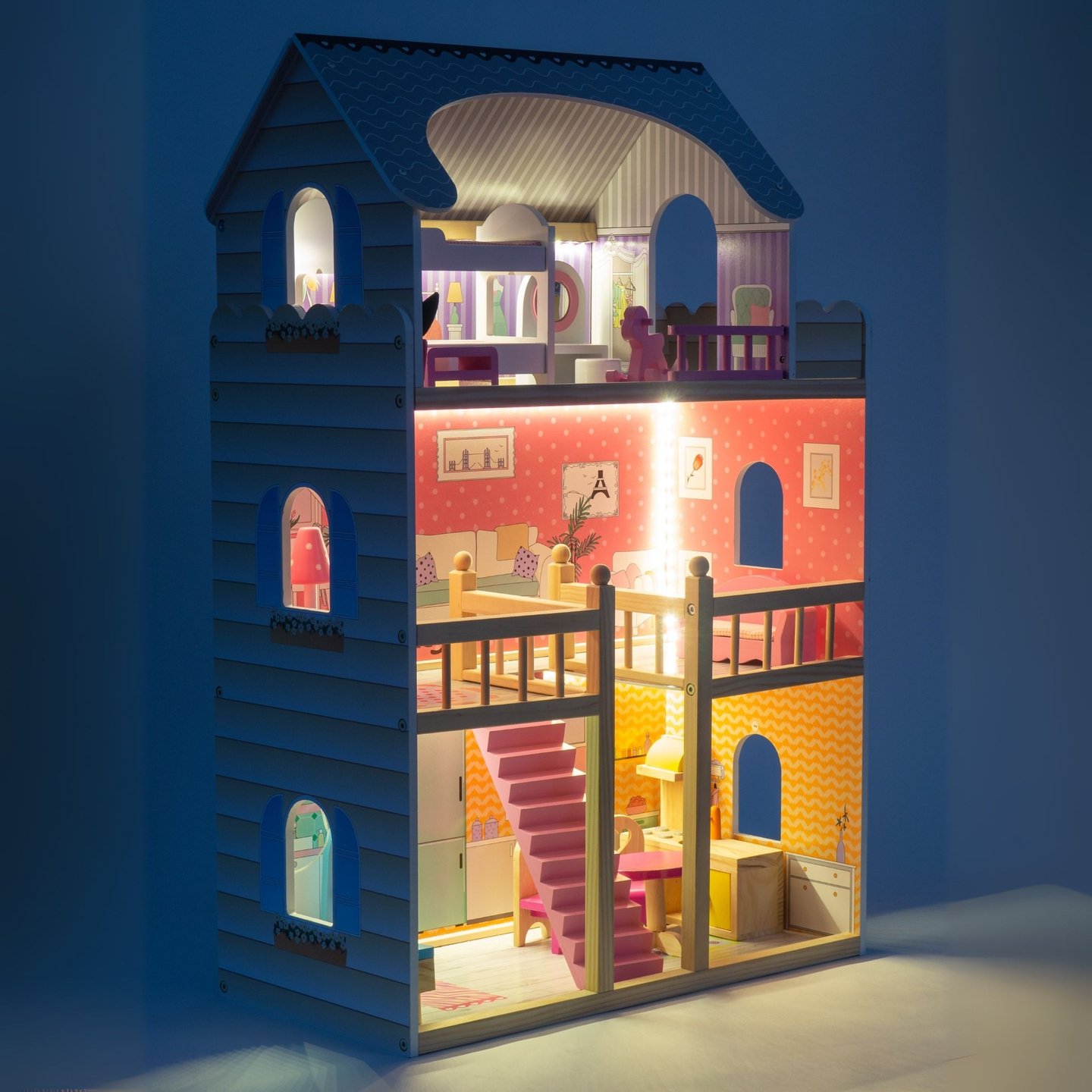 Großes 3-stöckiges Holzpuppenhaus mit Terrasse, Möbelset und LED-Beleuchtung!