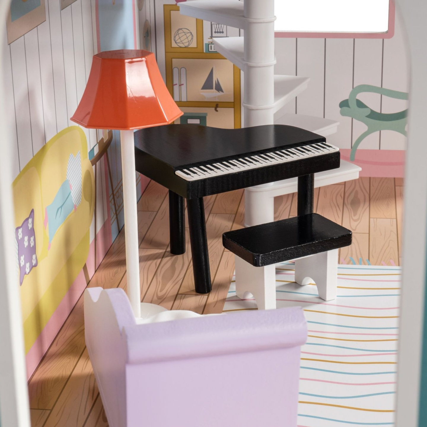 XXL Größtes Holzpuppenhaus - 123 cm - LED-Beleuchtung - Terrasse, Zubehör, Garten