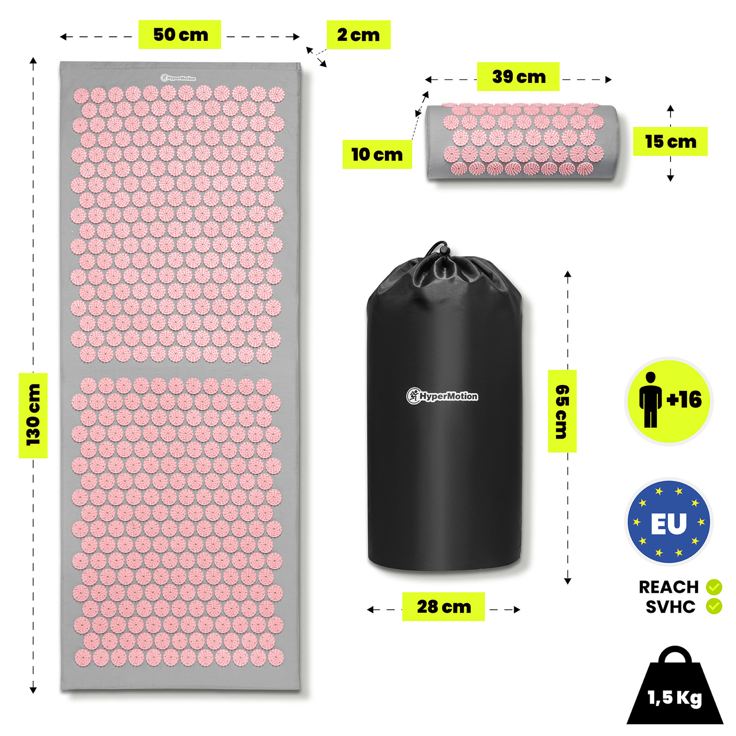 Große Akupressurmatte mit Kissen und Bezug – 130 cm, HyperMotion, grau und rosa